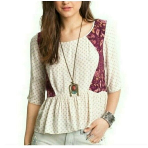 Free People Cream & Burgundy Gauzy Floral Boho Peplum Top size XS - Picture 7 of 14